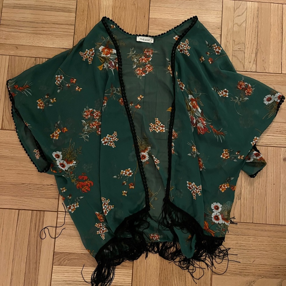 Green Floral Kimono with Fringe